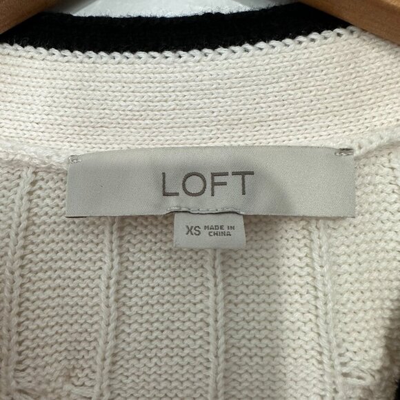 Loft Tipped V-Neck Pocket Cardigan Sweater Size XS Cream Black Cable Knit - Picture 3 of 8